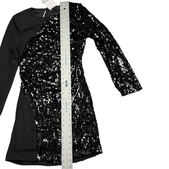 Zara Dress‎ WMNS M Black Sequin Mini Long Sleeve Asymmetric Avant Party Club - Picture 3 of 13